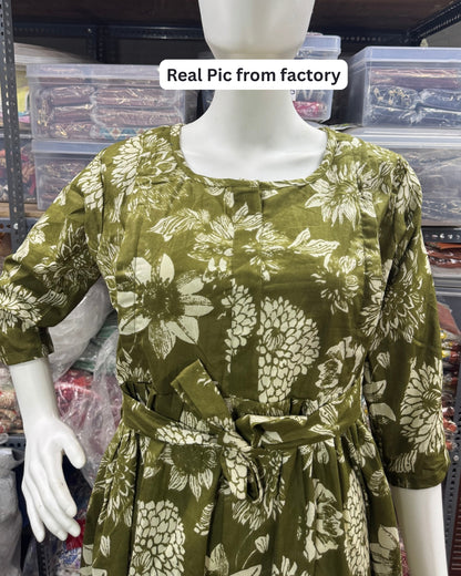 Marigold Green - Maternity Kurti with Feeding Zips - Cotton Flex - Thicker Fabric