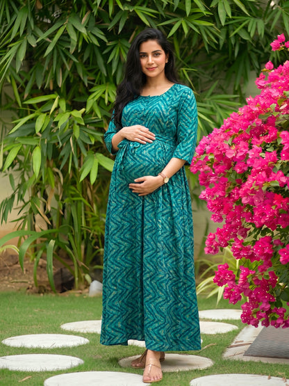 Peacock Bandhani Zigzag - Maternity Kurti with Feeding Zips - Soft Rayon