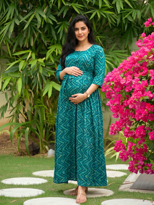 Peacock Bandhani Zigzag - Maternity Kurti with Feeding Zips - Soft Rayon