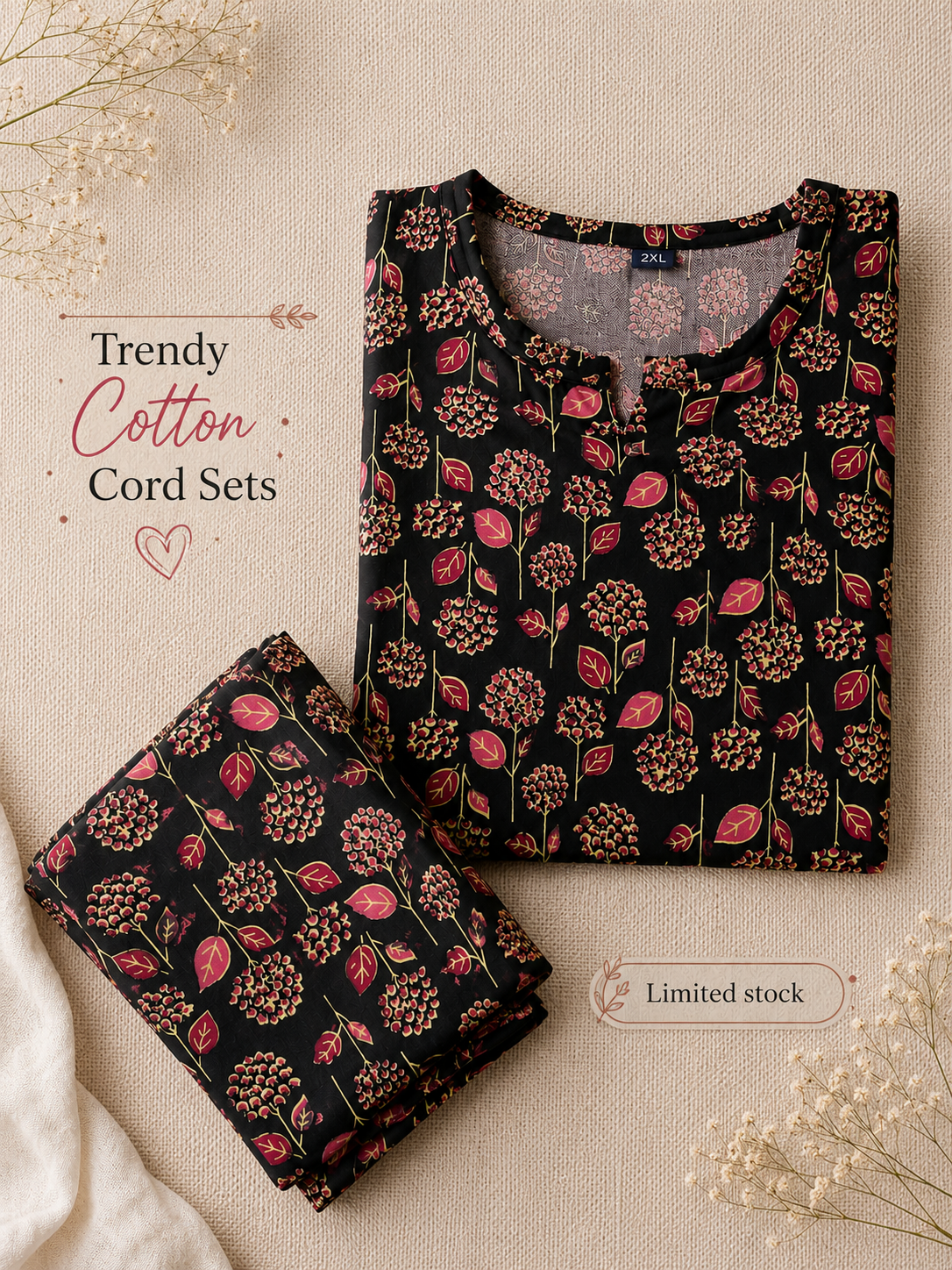 Black Red Sunflower - Cord Set - Pure Cotton