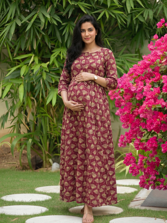 Senna Flower - Maroon - Maternity Kurti with Feeding Zips - Cotton Flex - Thicker Fabric