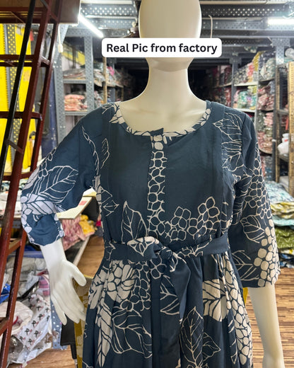 Sea Grey Big Flower - Maternity Kurti with Feeding Zips - Soft Rayon