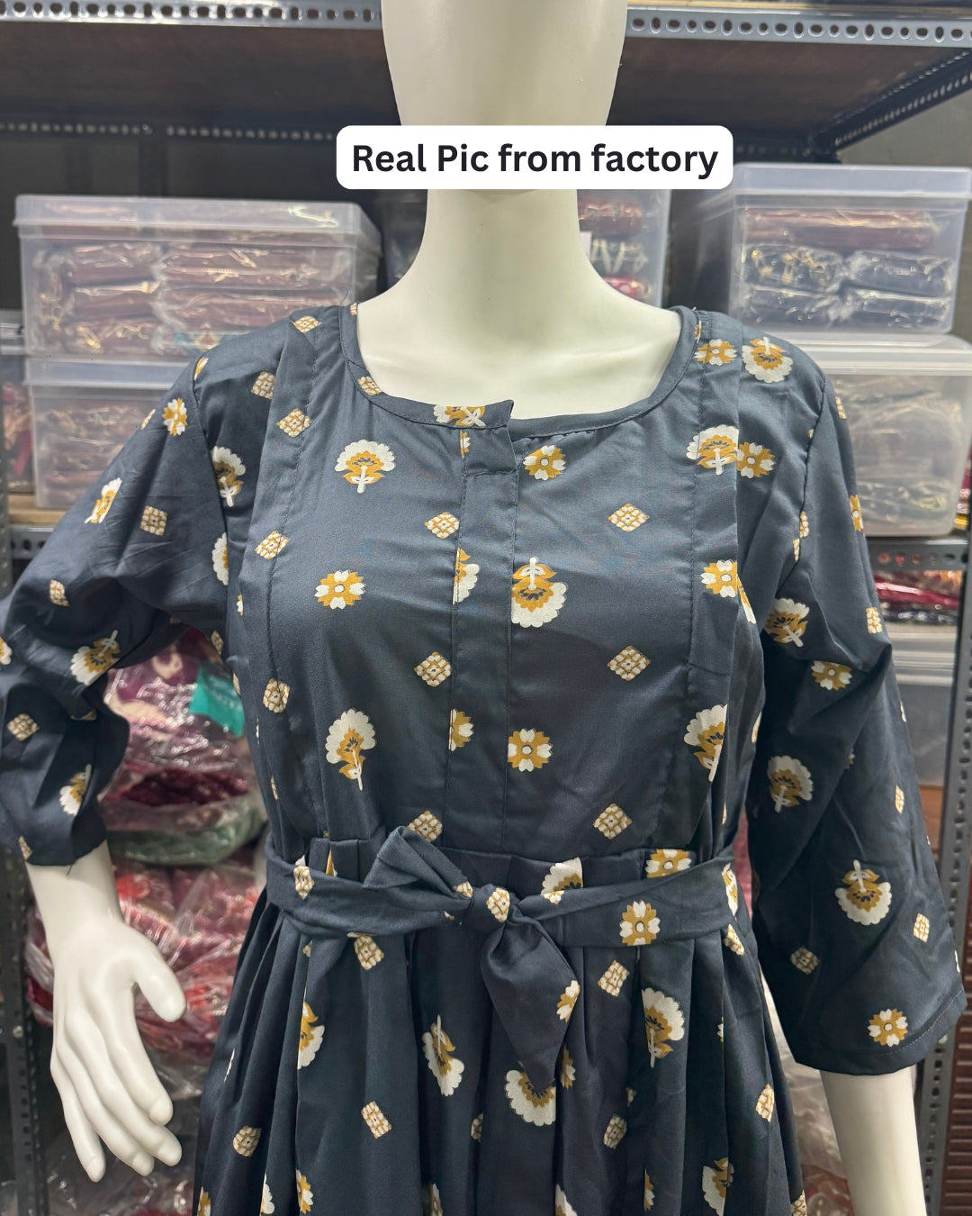 Grey White Mushroom Flower - Maternity Kurti with Feeding Zips - Soft Rayon