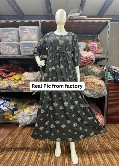 Grey White Flower - Maternity Kurti with Feeding Zips - Soft Rayon