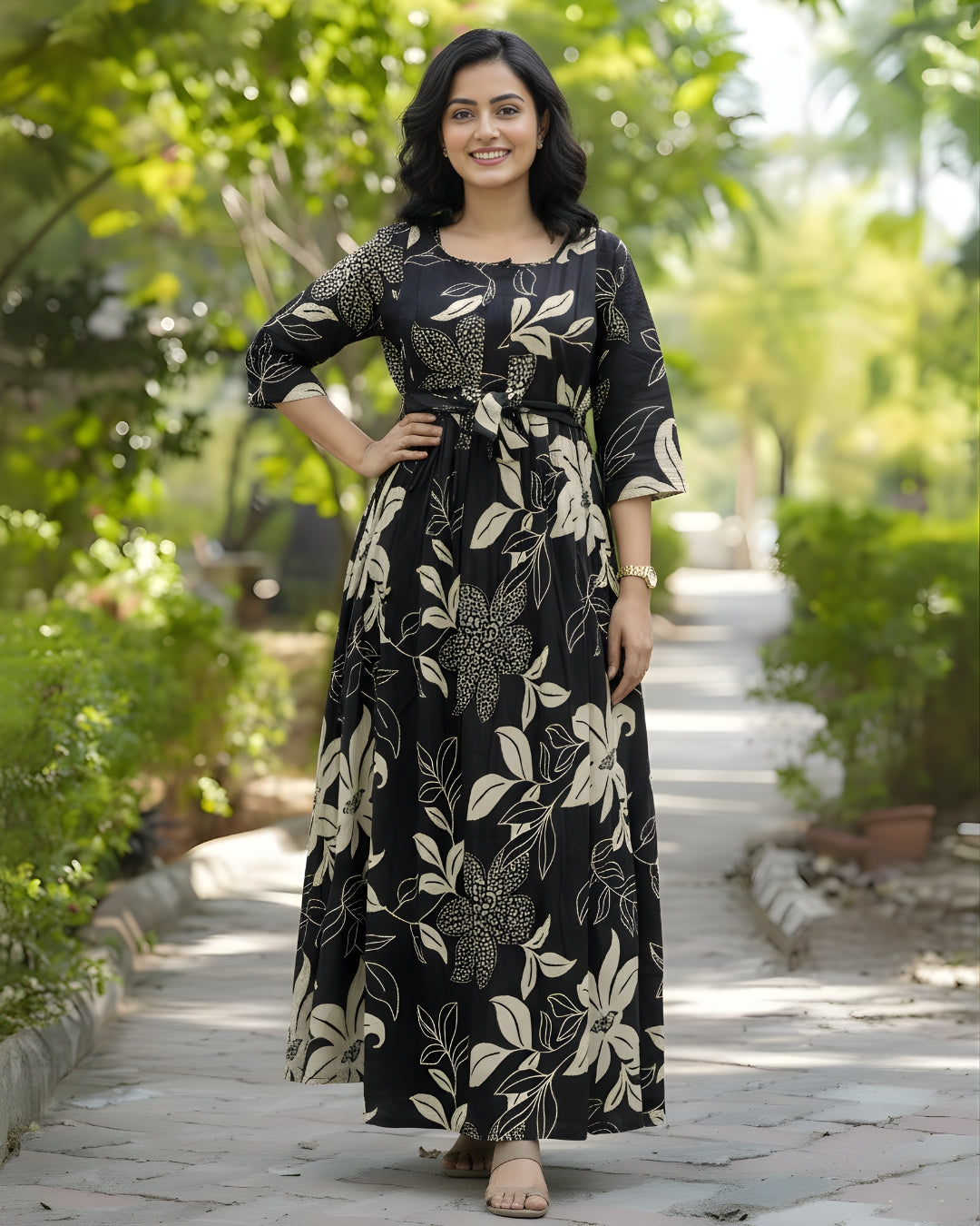 Lily Flower Black - Maternity Kurti with Feeding Zips - Cotton Flex - Thicker Fabric
