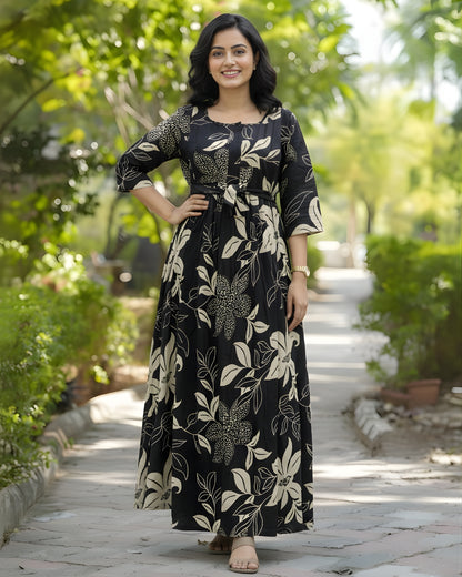 Lily Flower Black - Maternity Kurti with Feeding Zips - Cotton Flex - Thicker Fabric