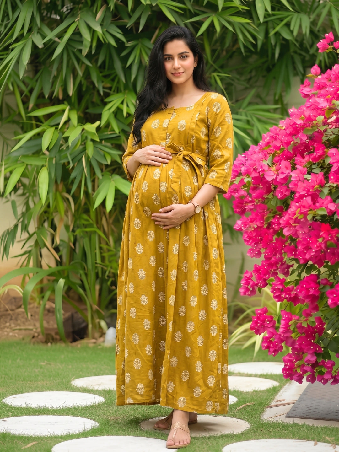 Rustic Flower - Mustard - Maternity Dress with Feeding Zips - Pure Cotton