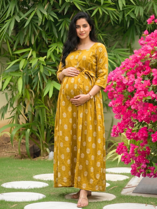 Rustic Flower - Mustard - Maternity Dress with Feeding Zips - Pure Cotton