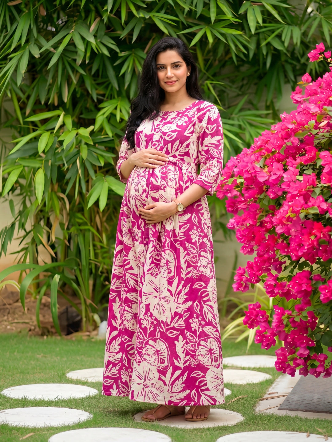 Hibiscus - Pink White - Maternity Kurti with Feeding Zips - Soft Rayon