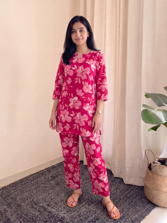 Jasmine White Flower - Pink - Cord Set - Pure Cotton