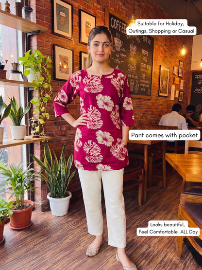 Swiss Pink with White Pant - Cord Set  - Pure Cotton