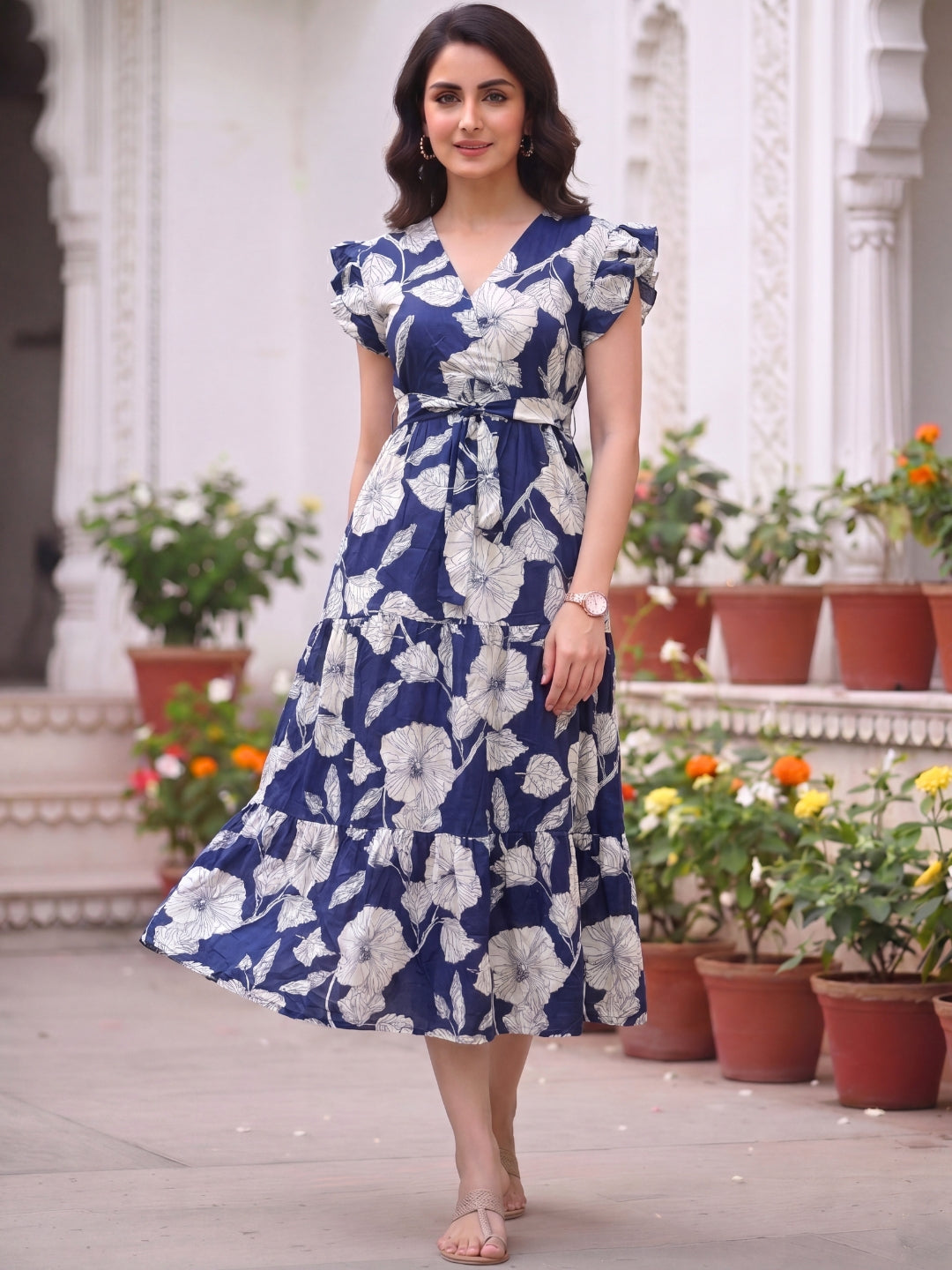Hibiscus Blue - Sleevless Midi Dress - Soft Rayon