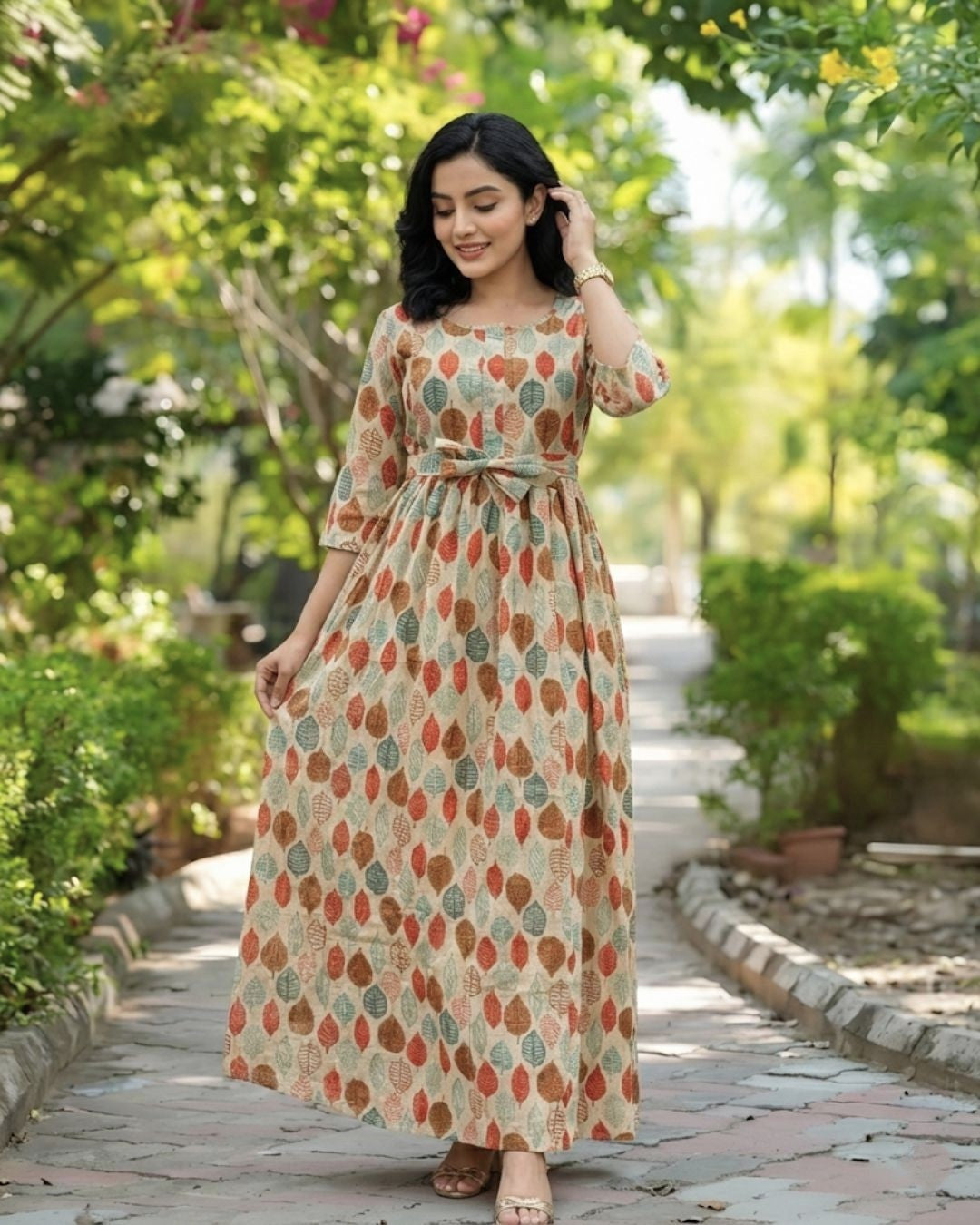 Orange & Sea Green Petals - Maternity Kurti with Feeding Zips - Cotton Flex - Thicker Fabric