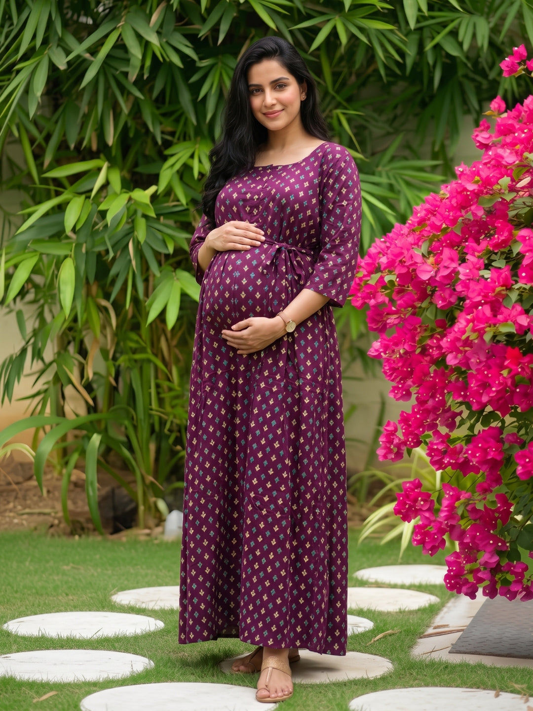 Kairavi - Purple - Maternity Dress with Feeding Zips - Soft Rayon