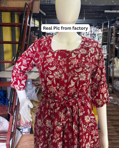 Maroon Forrest Print - Maternity Kurti with Feeding Zips - Cotton Flex - Thicker Fabric