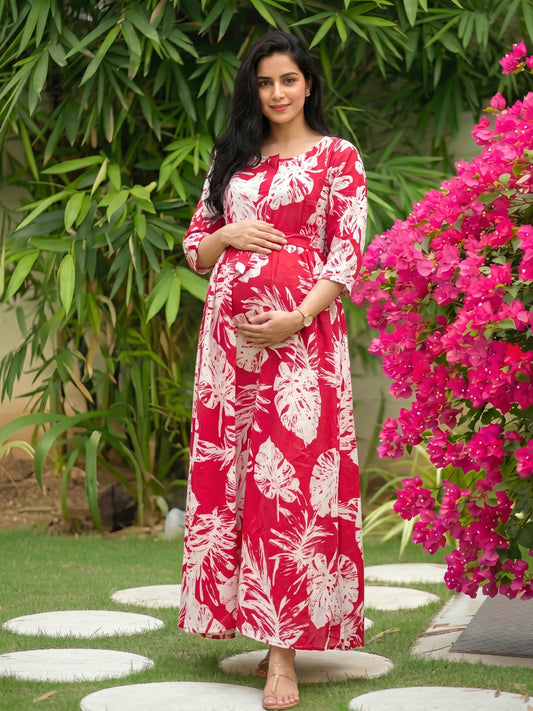 Swiss Red - Maternity Dress with Feeding Zips - Soft Rayon