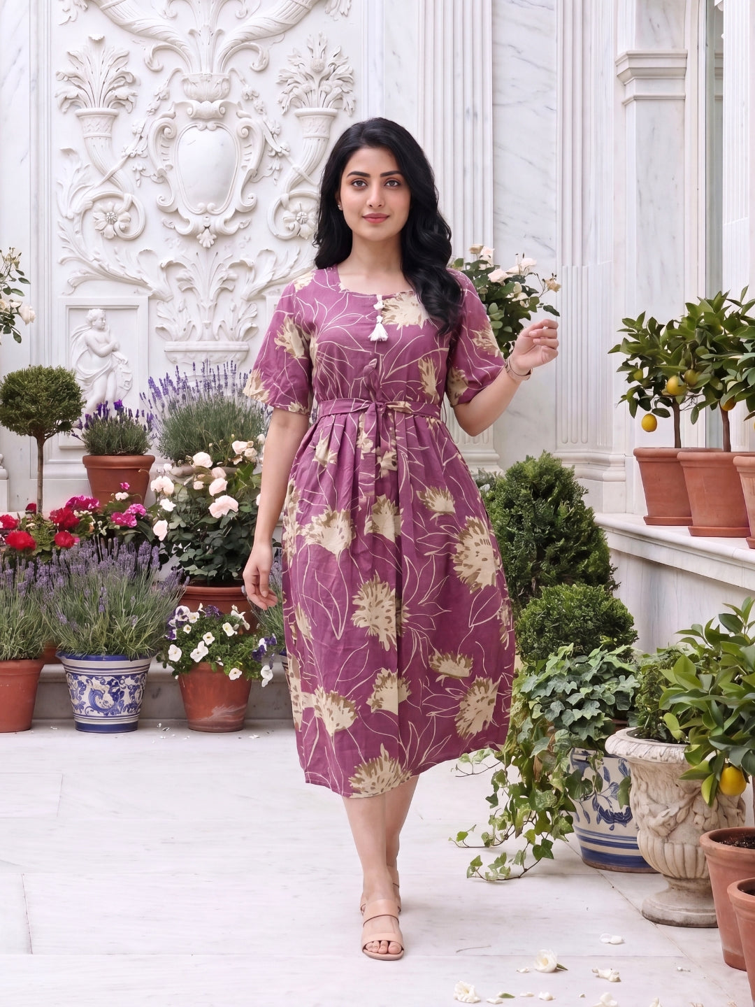 Pink Cream- Short Sleeves Midi Dress -  Pure Cotton