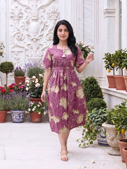 Pink Cream- Short Sleeves Midi Dress -  Pure Cotton