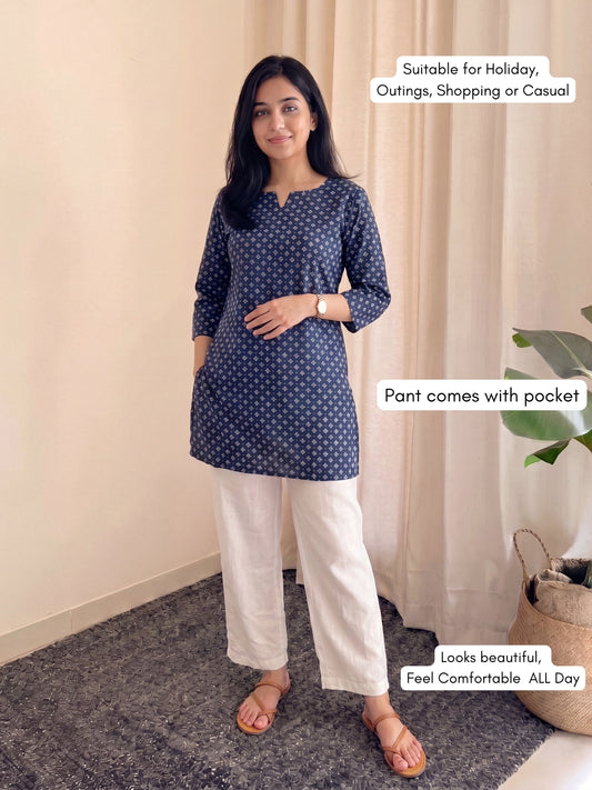 Blue Dot - Cord Set with White Pant - Pure Cotton