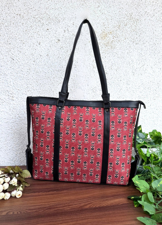 Maroon Ajrakh - Office & College Tote Bag with Laptop Compartment