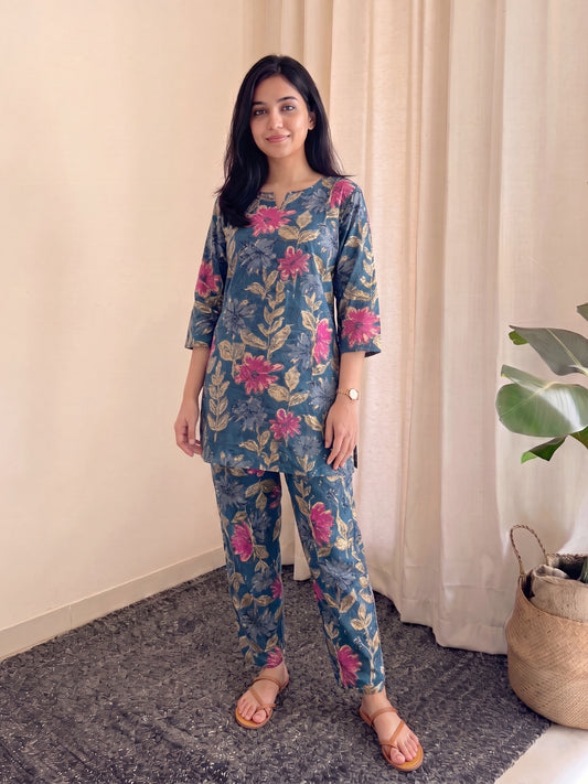 Blue Pink Sunflower - Cord Set - Pure Cotton