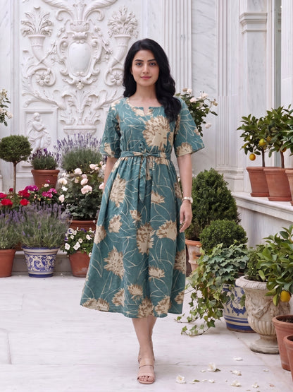 Turquoise Cream- Short Sleeves Midi Dress -  Pure Cotton