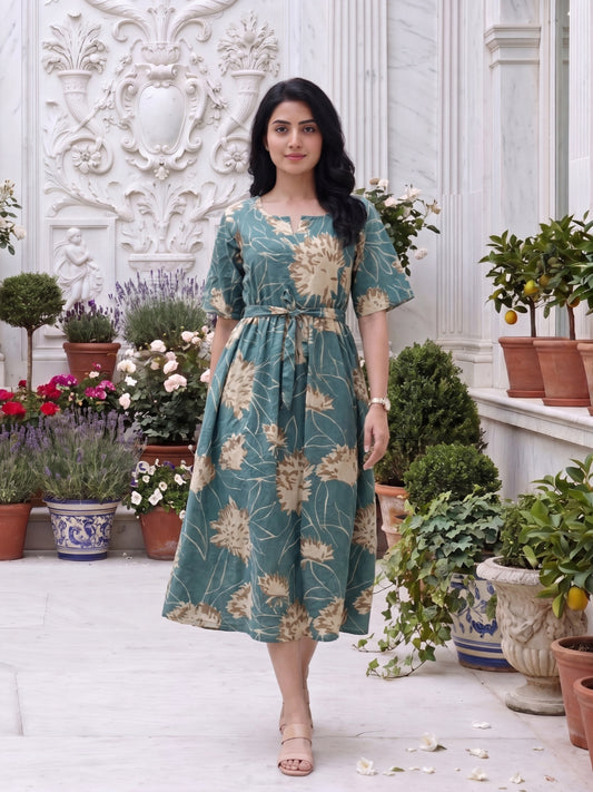 Turquoise Cream- Short Sleeves Midi Dress -  Pure Cotton