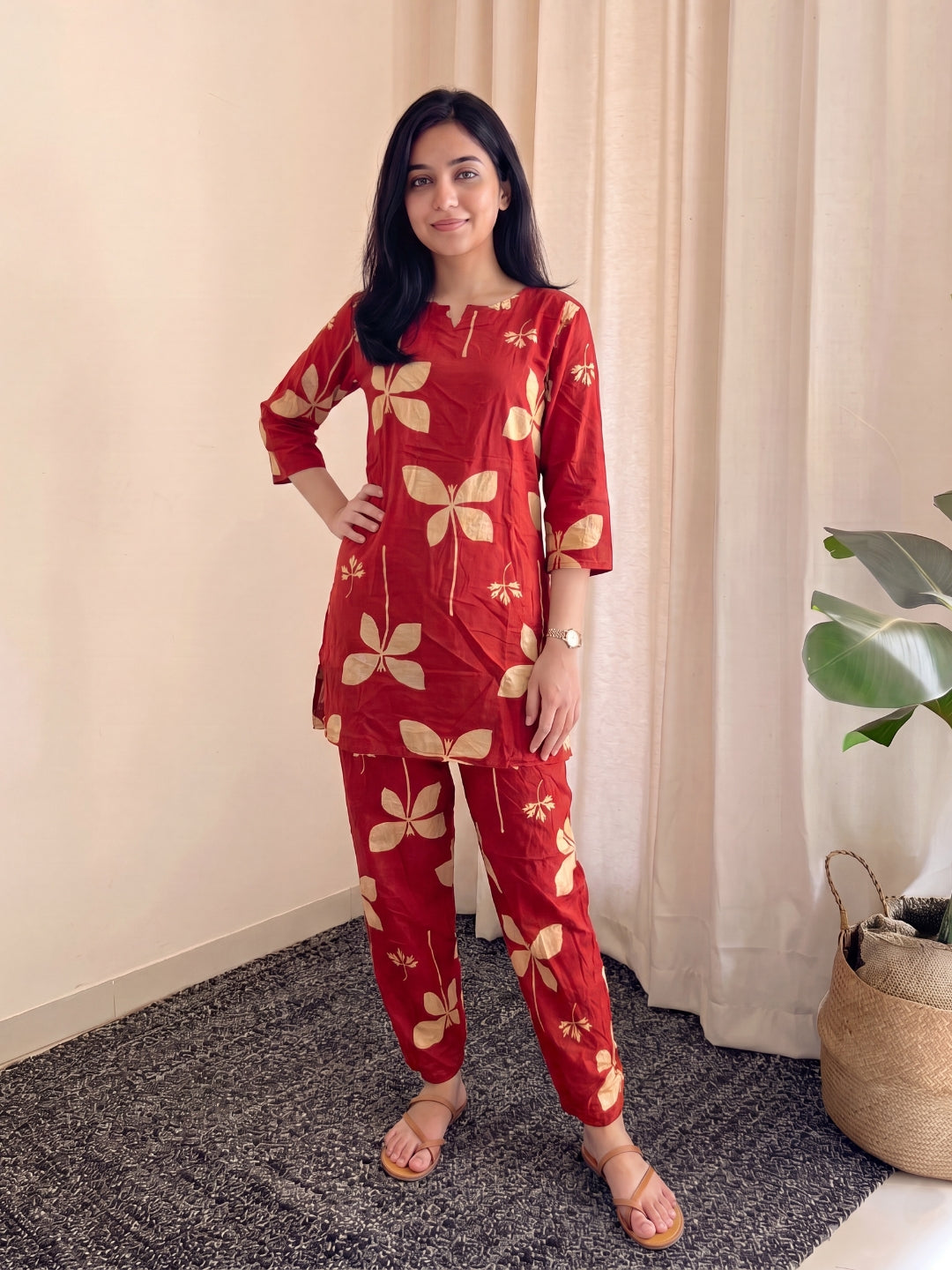 Red Motif Flower - Cord Set - Pure Cotton