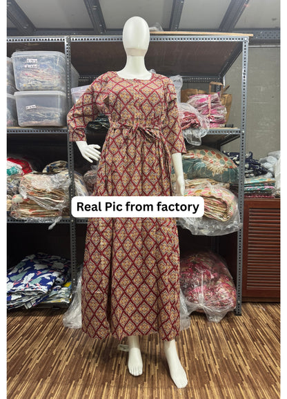 Dessert Flower - Red - Maternity Kurti with Feeding Zips - Cotton Flex - Thicker Fabric