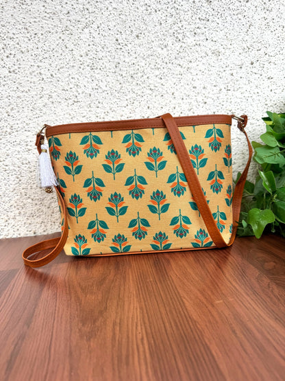 Minsk - 3 zip- Big size - Sling Bag - Yellow Green Flower