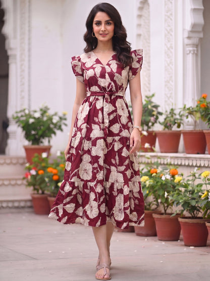 Hibiscus Maroon - Sleevless Midi Dress - Soft Rayon