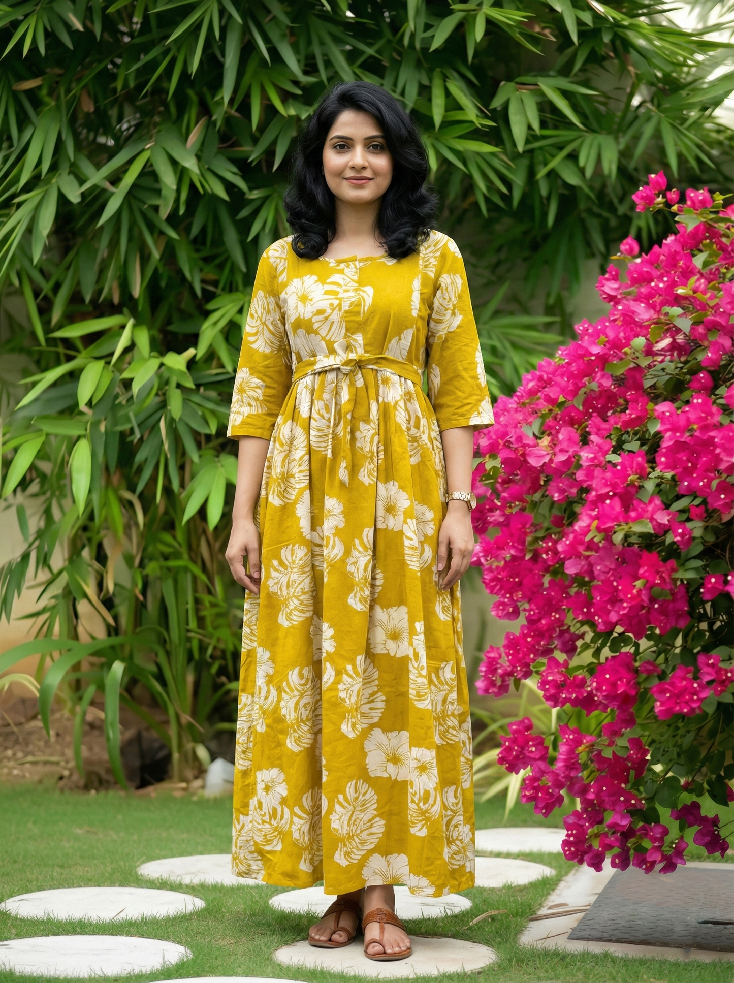 Swiss Cheese Leaf Yellow - Maternity Kurti with Feeding Zips - Cotton Flex - Thicker Fabric
