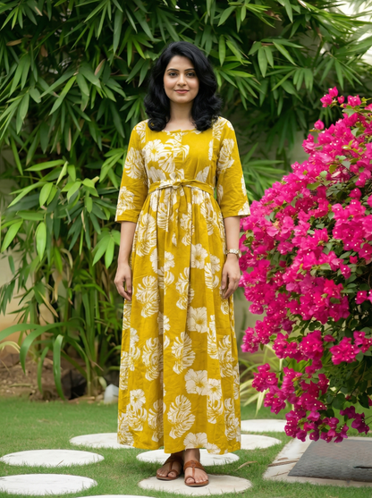 Swiss Cheese Leaf Yellow - Maternity Kurti with Feeding Zips - Cotton Flex - Thicker Fabric