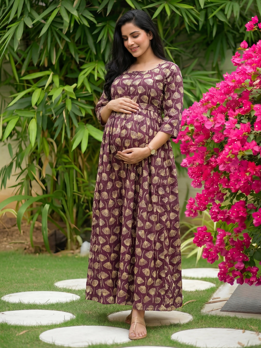 Senna Flower - Purple - Maternity Kurti with Feeding Zips - Cotton Flex - Thicker Fabric