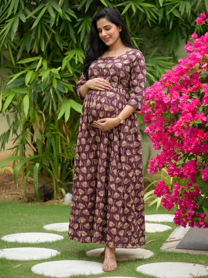 Senna Flower - Purple - Maternity Kurti with Feeding Zips - Cotton Flex - Thicker Fabric
