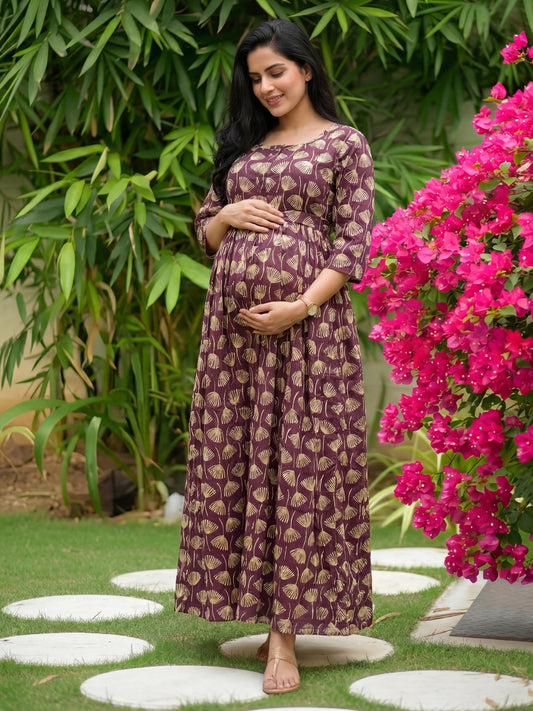 Senna Flower - Purple - Maternity Kurti with Feeding Zips - Cotton Flex - Thicker Fabric