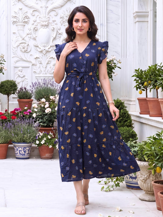 Blue Butterfly - Sleevless Midi Dress - Soft Rayon