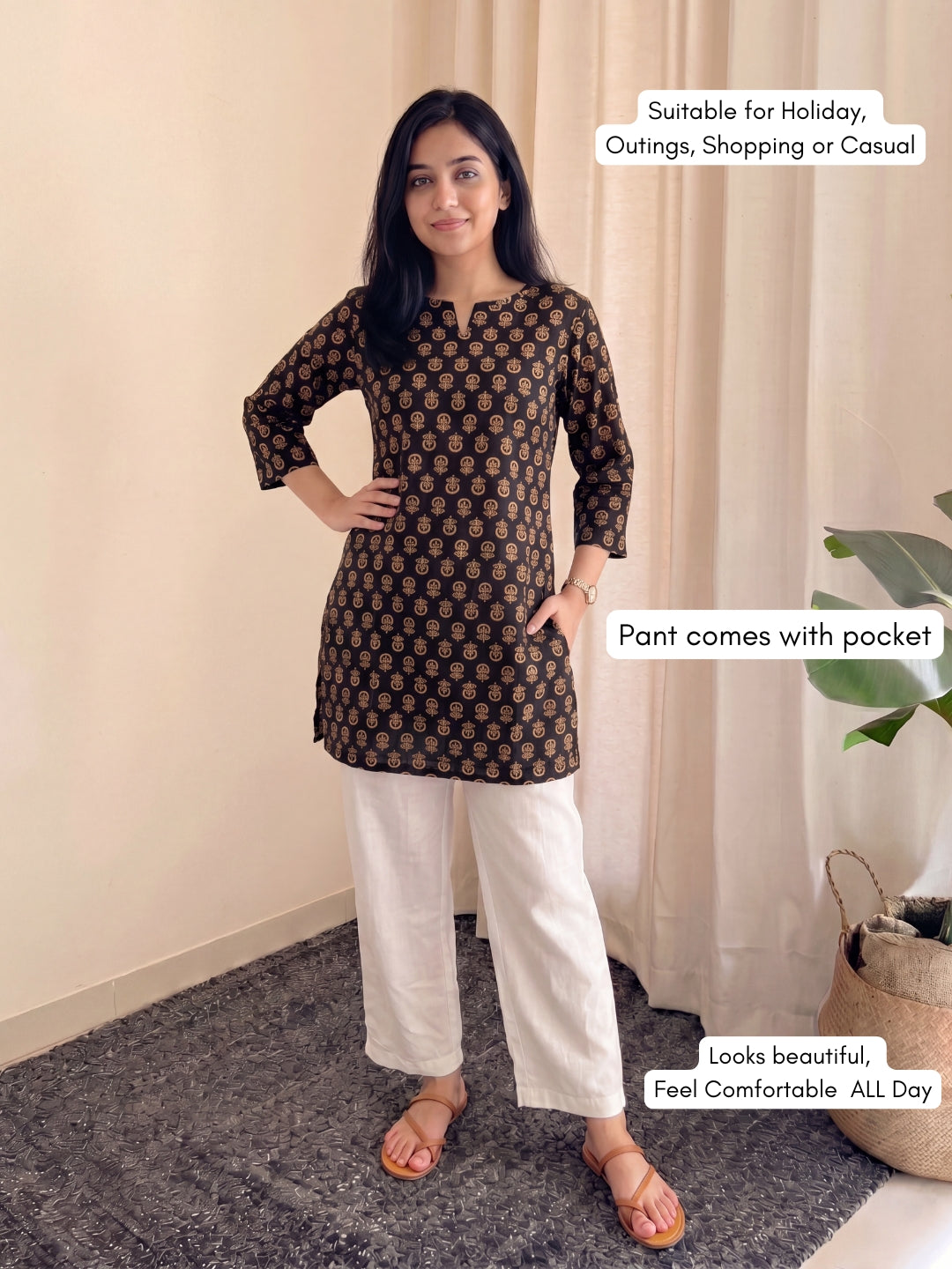 Black Sunflower Ajrakh - Cord Set with White Pant - Pure Cotton
