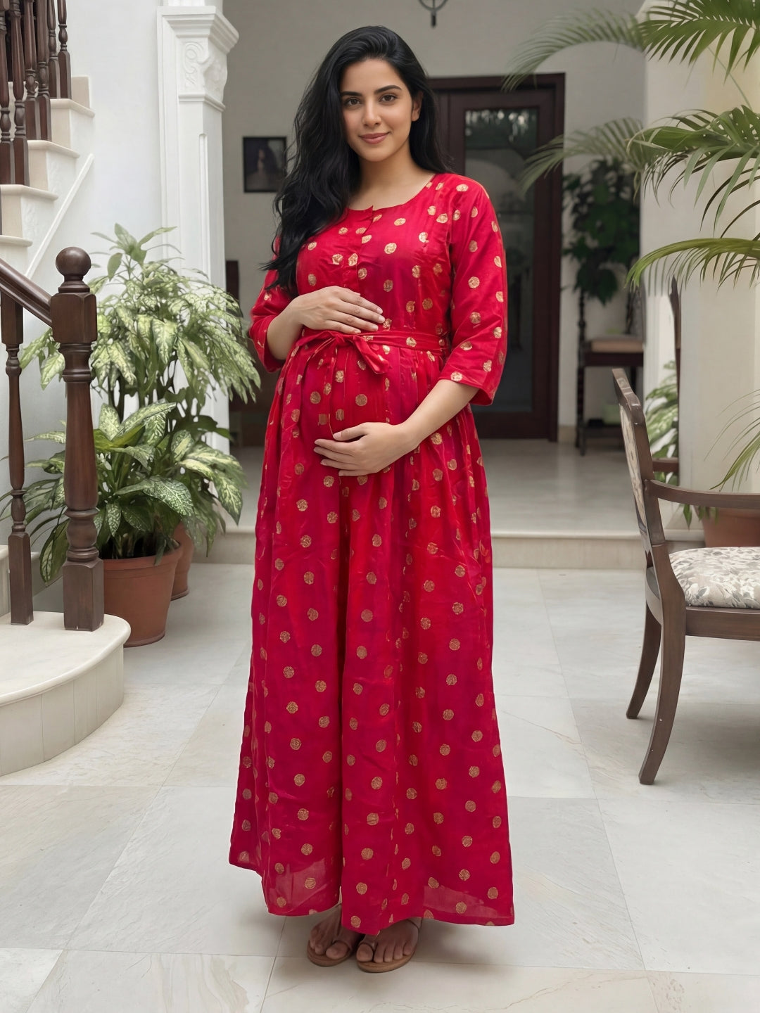 Gold Flower - Pink Red  - Maternity Kurti with Feeding Zips - Soft Rayon
