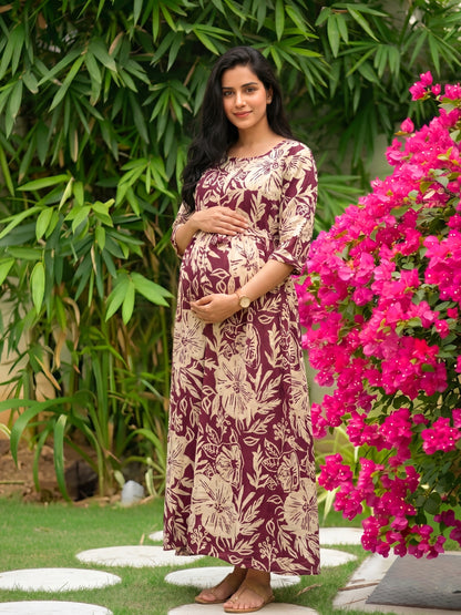 Hibiscus - Maroon White - Maternity Kurti with Feeding Zips - Soft Rayon