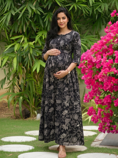Black Lotus - Maternity Dress with Feeding Zips - Soft Rayon