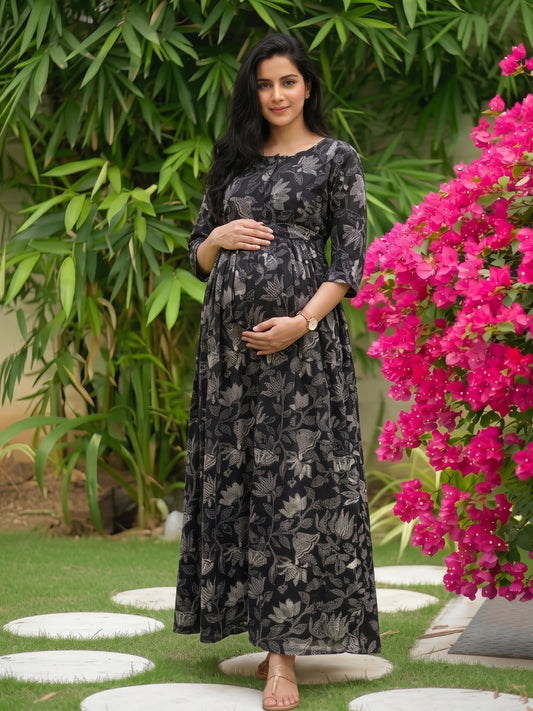 Black Lotus - Maternity Dress with Feeding Zips - Soft Rayon