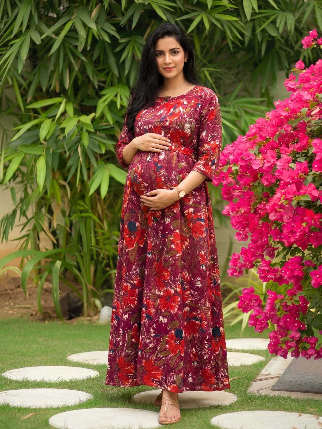 Floral - Wine - Maternity Kurti with Feeding Zips - Soft Rayon