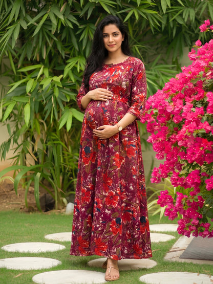 Floral - Wine - Maternity Kurti with Feeding Zips - Soft Rayon