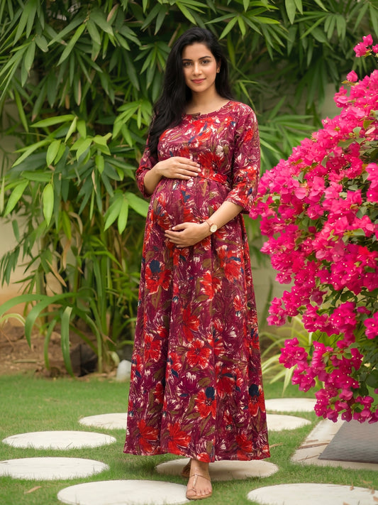 Floral - Wine - Maternity Kurti with Feeding Zips - Soft Rayon