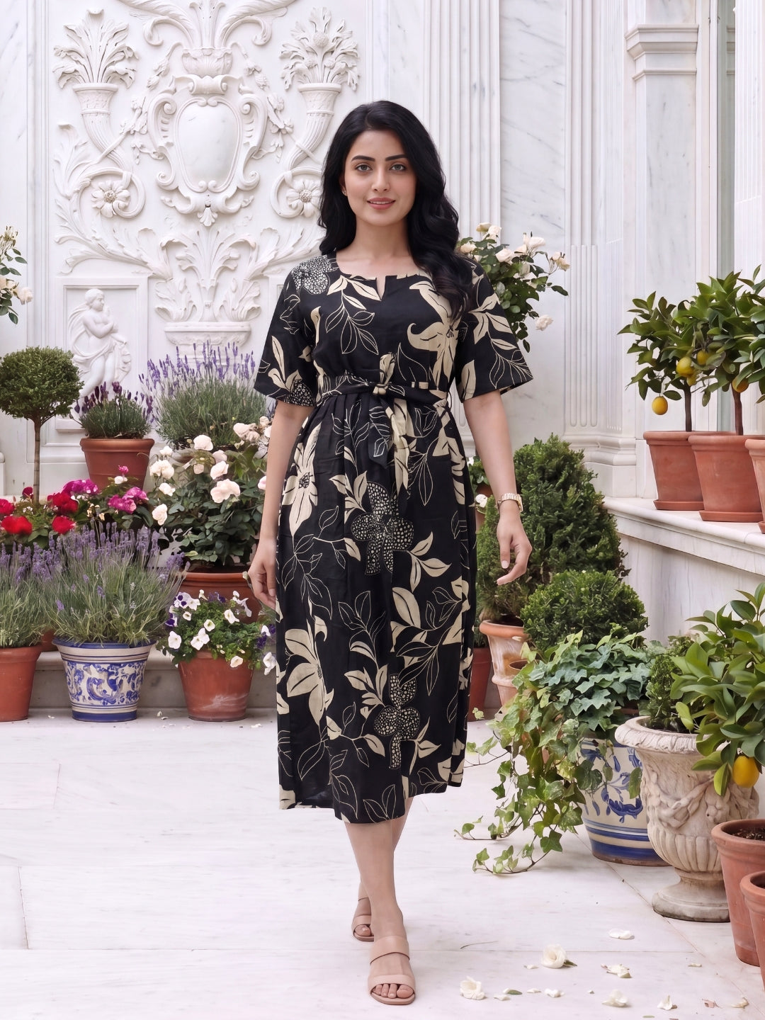 Lily Flower Black - Short Sleeves Midi Dress -  Pure Cotton