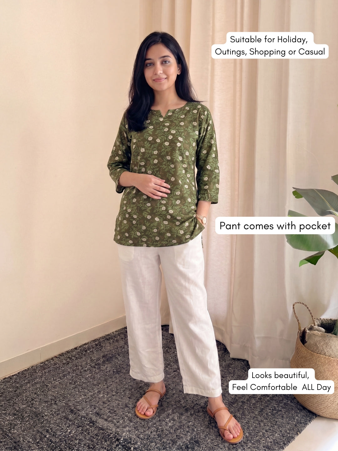 Rose Green - Cord Set with White Pant - Soft Rayon
