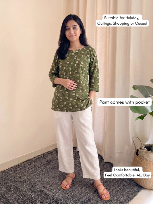Rose Green - Cord Set with White Pant - Soft Rayon