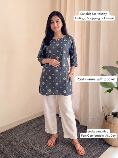 Grey Mushroon - Cord Set with White Pant - Soft Rayon