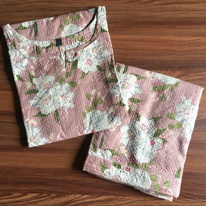 Katha work - Classy Flowers - Peach - Cord Set - Pure Cotton